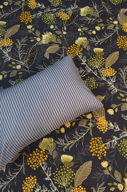Pure Cotton Floral Bedsheet Set – Navy Blue with Yellow & Green Botanical Print
